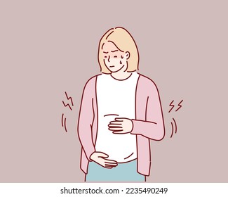  Pregnant woman suffering from childbirth pains. Hand drawn style vector design illustrations.