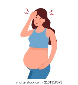Pregnant woman suffering from headache, stress and nausea sickness in flat design on white background.