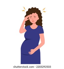 Pregnant woman suffering from headache, stress and nausea sickness in flat design on white background.