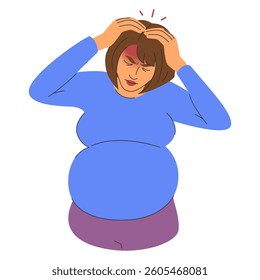 Pregnant woman suffering from headache vector isolated. Person with migraine. Pain during pregnancy. Woman holding her head.