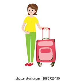 a pregnant woman with a suitcase. pregnant woman goes to travel with a travel bag. a pregnant woman's trip during a pandemic. stock vector image on a white background.