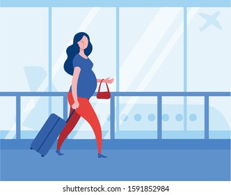 A pregnant woman with a suitcase is walking through the airport to Board a plane. Vector illustration on the theme of travel during pregnancy.