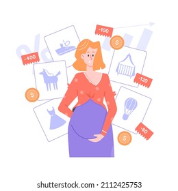 Pregnant woman surrounded by children's goods and price tags. Childbirth costs. Planning for children's purchases. Vector flat illustration.