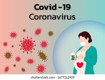 Pregnant woman surrounded by Coronavirus. Mother-infant transmitted virus concept. Flat vector illustration.