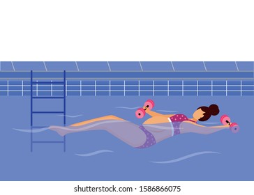 Pregnant woman swimming in pool flat vector illustration. Healthy lifestyle. Young mother in bikini exercising in water with weights cartoon character on white background