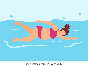 Pregnant woman swimming in a pool flat design.