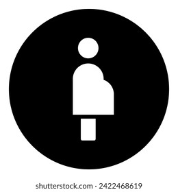 A pregnant woman symbol in the center. Isolated white symbol in black circle. Vector illustration on white background