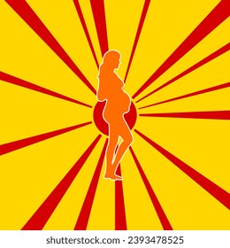 Pregnant woman symbol on a background of red flash explosion radial lines. A large orange symbol is located in the center of the sunrise. Vector illustration on yellow background