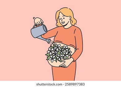 Pregnant woman takes care of future child by watering belly with flowers as sign of love and affection for unborn son. Pregnant girl experiences joy and positive emotions in anticipation of childbirth