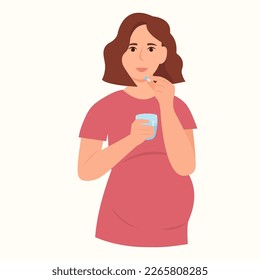 A pregnant woman takes a pill.Girl holding glass of water in hands.Medicine, vitamins, supplements.Healthy nutrition.Flat vector illustration