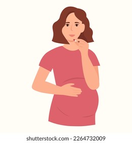 A pregnant woman takes a pill.Medicine, vitamins, supplements.Healthy nutrition.Flat vector illustration