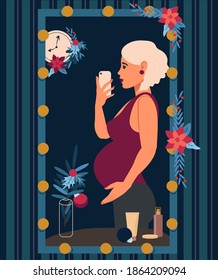 Pregnant woman takes a selfie in the mirror. Happy girl waiting for the birth of a child before the Christmas and New Year holidays. Flat vector illustration