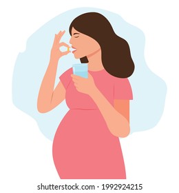 Pregnant woman takes a supplement or vitamin. Woman holds a pill in her hand and intends to take it.Glass of water in hands. Medication treatment, pharmacy and medicine, concept.Vector illustration