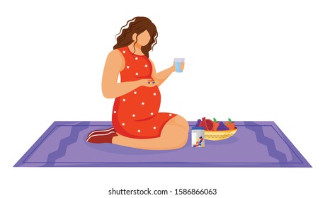 Pregnant Woman Taking Medication Flat Vector Illustration. Healthcare. Healthy Nutrition. Young Caucasian Lady Using Vitamin Tablets In Pregnancy Cartoon Character On White Background