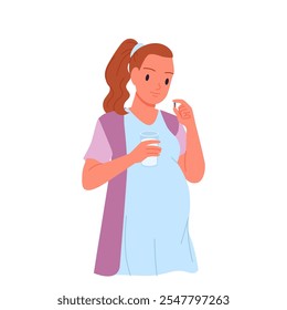 Femme enceinte prenant des pilules. Personnage de femme tenant une capsule et un verre d'eau pour boire et avaler un comprimé, pour prendre un médicament ou une vitamine thérapie chez les médecins prescription illustration vectorielle de bande dessinée