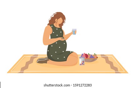 Pregnant woman taking pills flat vector illustration. Healthy nutrition and maintenance therapy. Young girl using vitamin tablets during pregnancy cartoon character on white background