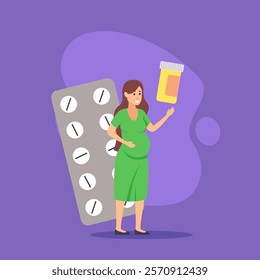 Pregnant woman taking vitamins vector illustration. Female cartoon character with huge jar of pills and blister of tablets. Medicine, pregnancy and healthcare concept