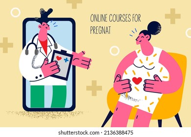 Pregnant woman talk speak on video call on cellphone with doctor. Gynecologist do web courses for future mothers on smartphone. Distant training and communication. Vector illustration. 