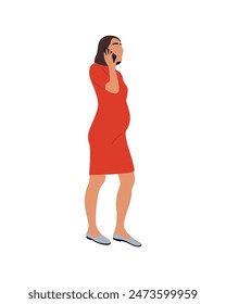 Pregnant woman talking by mobile phone. Pretty woman in red dress standing, using gadget. Female cartoon character Vector realistic illustration isolated on white background.