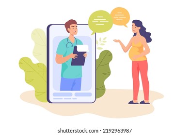 Pregnant woman talking to male doctor via huge mobile phone. Online consultation with gynecologist via smartphone flat vector illustration. Pregnancy, remote work, health, medicine concept for