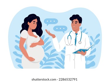 A pregnant woman is talking to an obstetrician gynecologist. A woman expecting a baby visits the doctors office, examination during pregnancy. Consultation and examination during pregnancy concept.