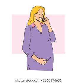 Pregnant woman talking on the phone. Young female chats with someone using mobile phone. Vector illustration, modern simple line style