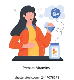 Pregnant woman talking prenatal vitamins, flat icon