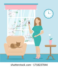 pregnant woman talking to someone via video call. working from home in comfortable conditions. There is a chair and cat on it. A tree blooms outside the window. Vector flat