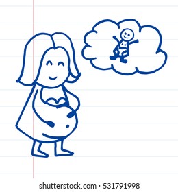 A pregnant woman is thinking about the child. Doodle vector icon on notebook page.
