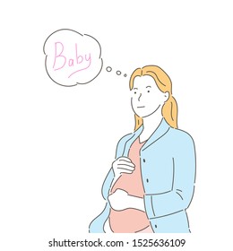 A pregnant woman is thinking about having a baby. Flat style.