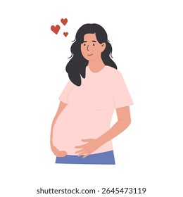 Mulher grávida pensando em seu bebê com amor. Conexão emocional durante a gravidez. Conceito de maternidade e maternidade. Futura mãe. Ilustração em estilo plano vetorial isolada no fundo branco.