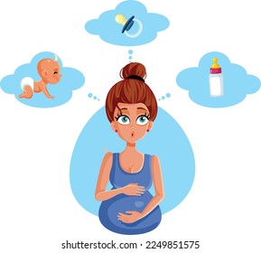 
Pregnant Woman Thinking about Motherhood Vector Cartoon Illustration. Stressed new mom feeling anxious about raising her baby
