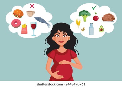 
Mujer embarazada pensando en qué debe comer Ilustración vectorial. Madre que está eligiendo diferentes comidas rechazando las no saludables 
