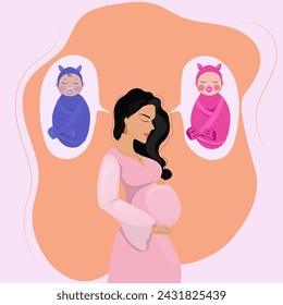  Una mujer embarazada piensa en sus futuros hijos. Hermosa embarazada en vestido rosa, pelo negro con dos bebés recién nacidos niño y niña. Ilustración vectorial sobre fondo de melocotón y rosa