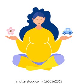 Pregnant woman thinks of what gender her unborn child will be. Mom does not know who is waiting for a boy or girl. Young woman awaiting the birth of a baby. Vector illustration in cartoon style.