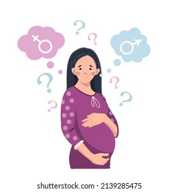 A pregnant woman thinks who will be born - a boy or a girl. The girl is holding her stomach. Mom is expecting a baby. Vector illustration.