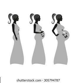 Pregnant woman in the three trimesters. Pregnancy stages.