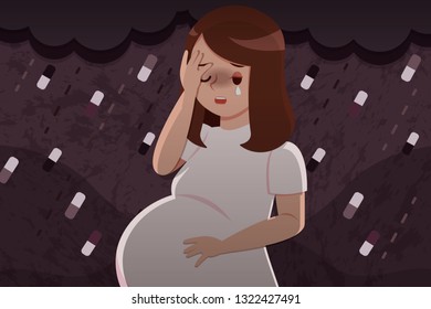pregnant woman touch her abdomen feel upset on the tainy drugs background