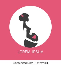 Pregnant woman touch her belly.Circle icon,logo.Vector silhouette. Design template,card,banner.Vector Illustration,background. Girl expectant mother.Infographics.Fashion.