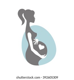 Pregnant woman touch her belly.Icon,logo in Egg,circle.Vector silhouette. Design template,card,banner.Vector Illustration,background.Pregnant Girl expectant mother.Infographics symbol.Fashion.