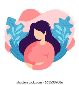 Pregnant woman touches belly. Lady expecting child strokes her belly. Future mother. Cartoon design, health, care, maternity parenting. Vector illustration on white background in trendy flat style.