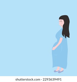 pregnant woman touches her stomach on light blue background, life, birth, baby