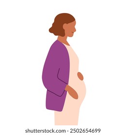 Pregnant woman touching belly. Female expecting, waiting baby, bearing child. Future mom, mother profile. Pregnancy, motherhood, childbearing. Flat vector illustration isolated on white background