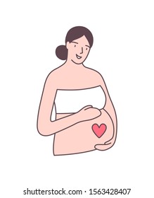 Pregnant woman touching belly flat vector illustration. Happy young lady expecting child, future mom cartoon character. Childbirth, childbearing concept design element. Feminine happiness, maternity.