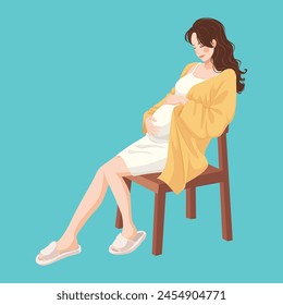 Pregnant woman touching pregnant belly on chair
