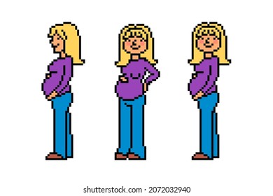 Pregnant woman touching her belly standing in 3 different poses, pixel art character sprites isolated on white background. Girl expecting a baby, set of 8 bit icons. Retro old school 2d game asset. 