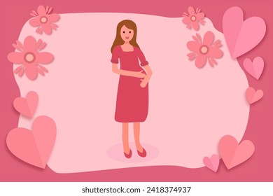 Pregnant woman touching her belly with full of love and happiness, standing in the middle of the frame including elements decorated with flower and heart, paper cut style, illustration.