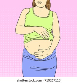 Pregnant woman touching her belly on pink halftone background, Vector illustration
