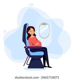 Mujer embarazada viajando en avión en clase turista. Ilustración plana de dibujos animados de Vector. Madre joven tiene vuelo en clase de negocios. Concepto de viaje durante el embarazo.