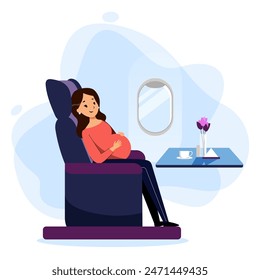 Pregnant woman travel by airplane in business class. Vector flat cartoon illustration. Young mother has flight journey during pregnancy